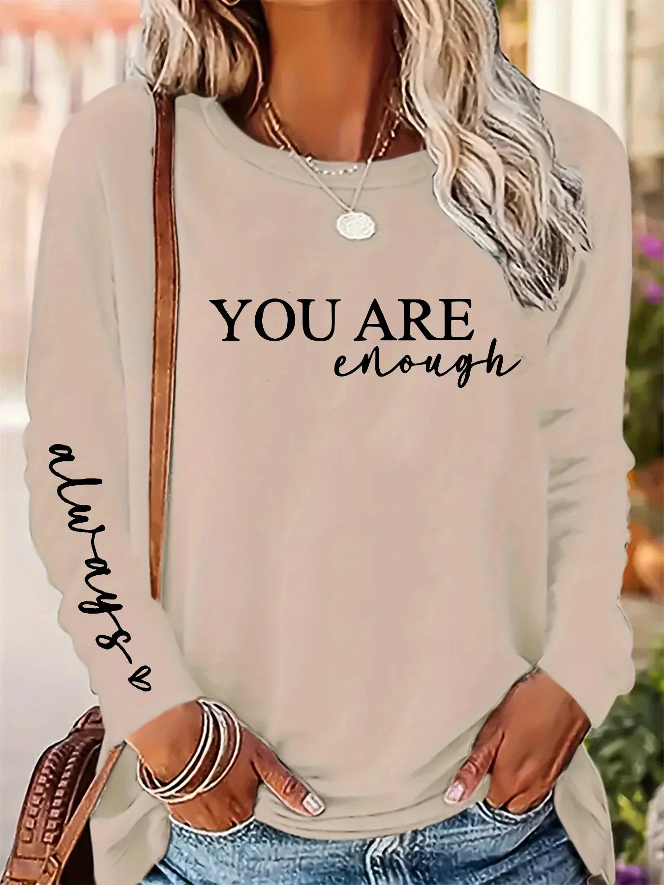 Camiseta holgada informal de algodón 100% para primavera y otoño para mujer, camiseta de manga larga con cuello redondo y estampado.