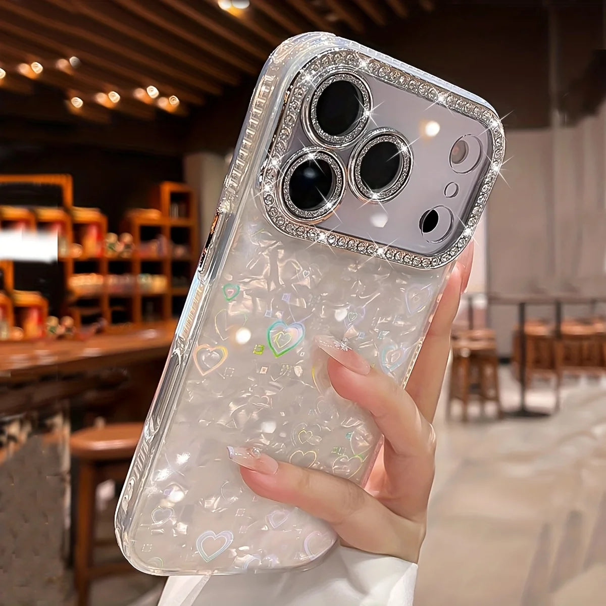 Funda de teléfono con patrón de carcasa láser de amor de cristal brillante elegante para iphone 17 Air 16 15 14 Plus 13 12 Pro Max cubierta de película de lente suave.