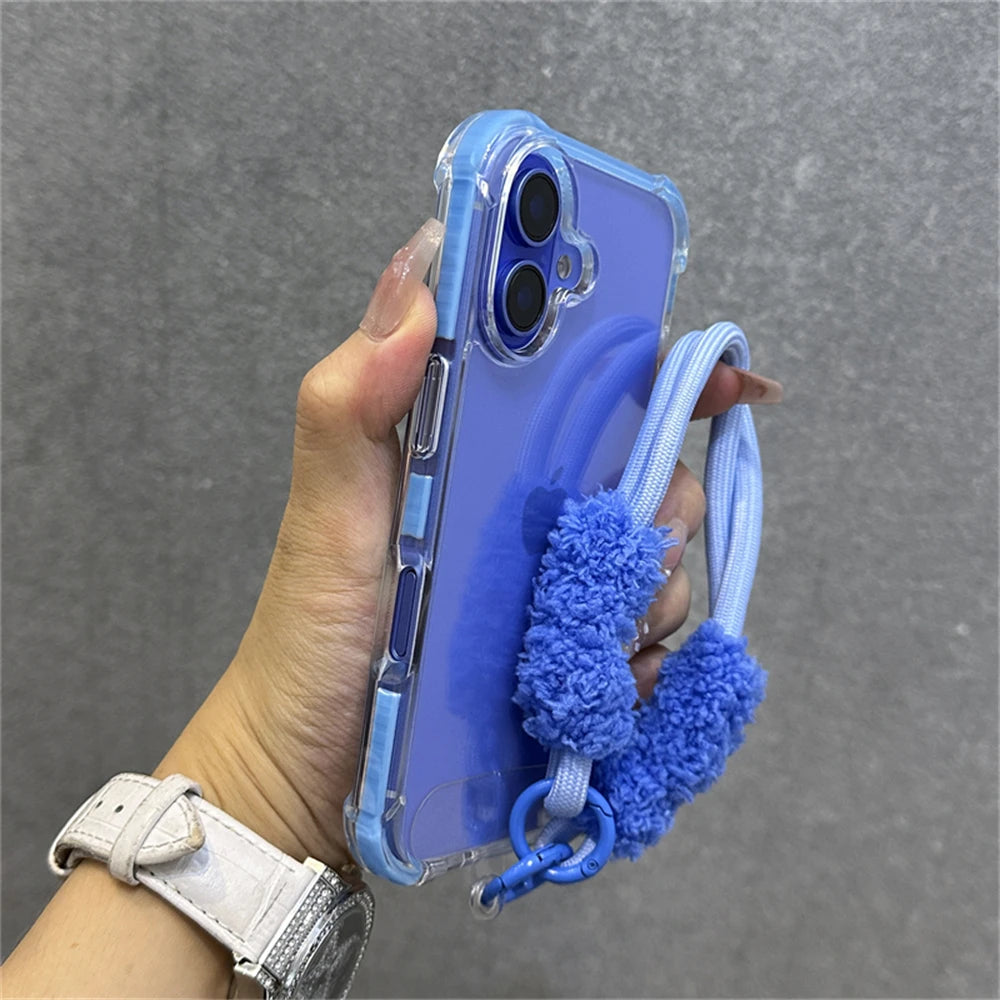 Armadura de parachoques híbrida transparente con correa para la muñeca para iPhone 15 11 12 13 14 16 Pro Max Plus X XS XR cubierta de bolsa de aire a prueba de golpes.