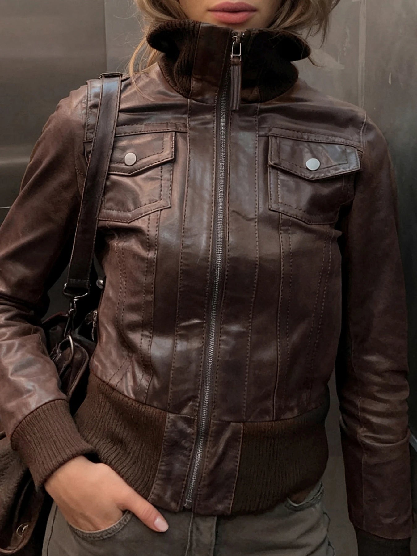 Women's Safari Style PU Leather Jacket with Fitted Pockets, Long Sleeve Zipper Stand-Up Collar Coats, Y2K Streetwear for Autumn and Winter 2025