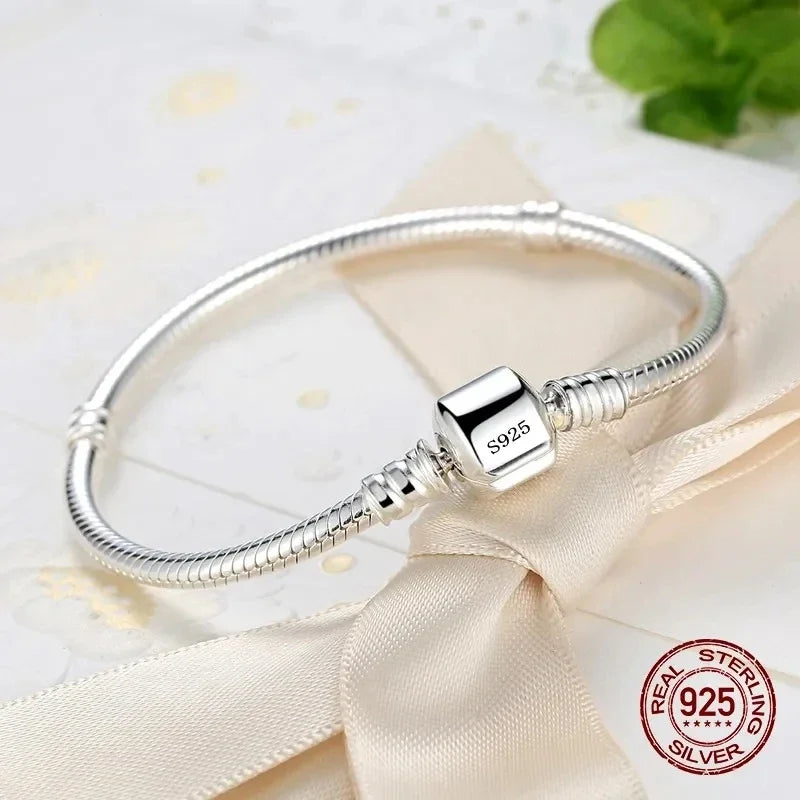 Original handcrafted fine jewelry, 925 sterling silver charm bracelet, smooth snake bone bracelets for women