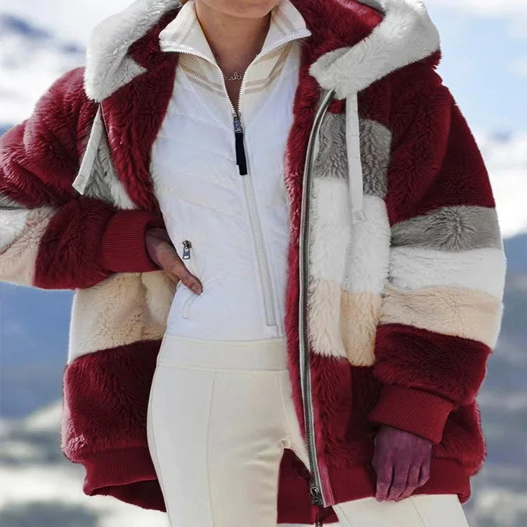 Women's Oversized Jacket, Warm Plush Pocket Hooded Streetwear, Loose Women's Coat, Female Apparel.