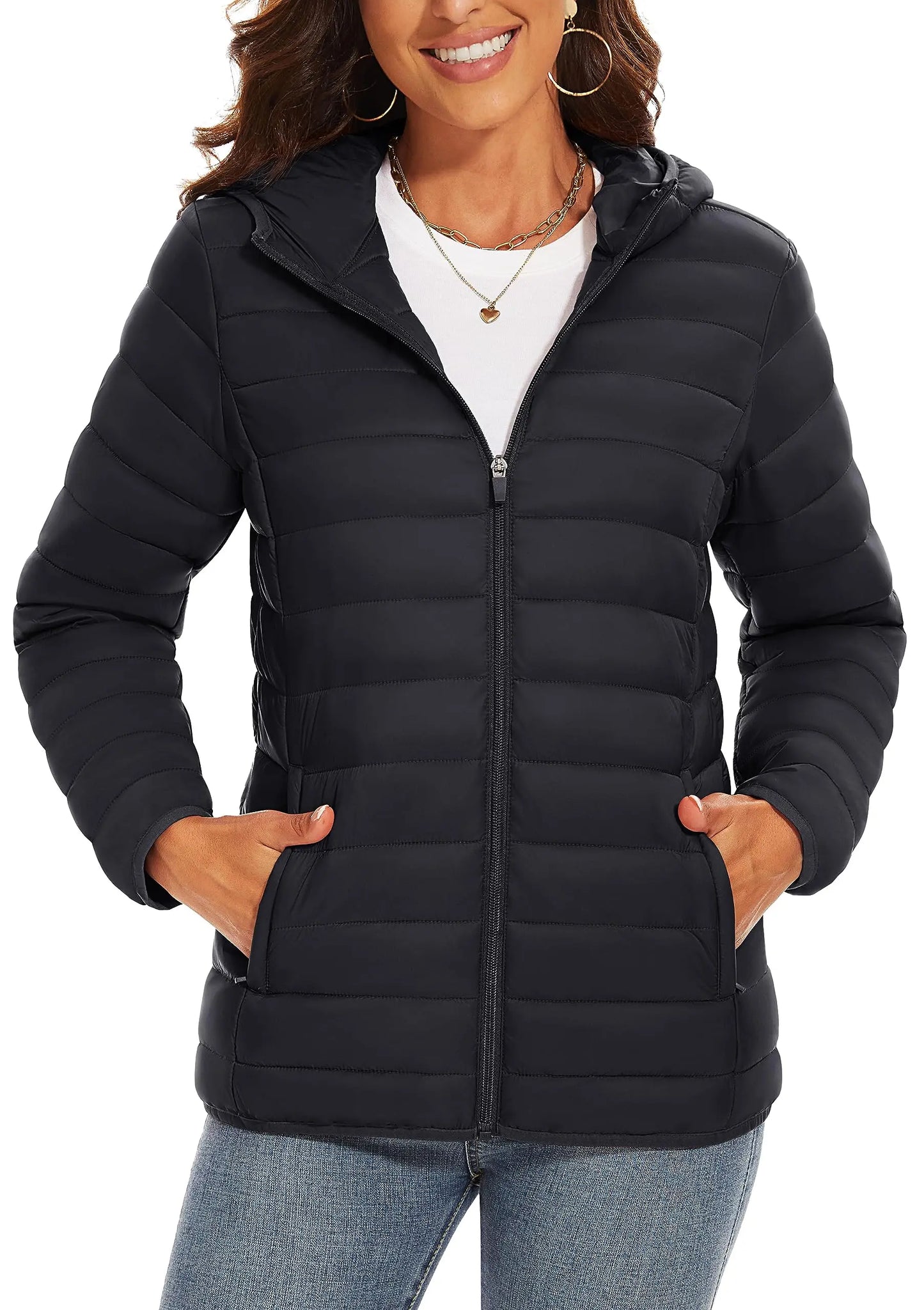 TACVASEN Women's Full Zip Hooded Padded Jacket, Warm Quilted Winter Coats, Casual Windbreaker Lightweight Puffer Outerwear