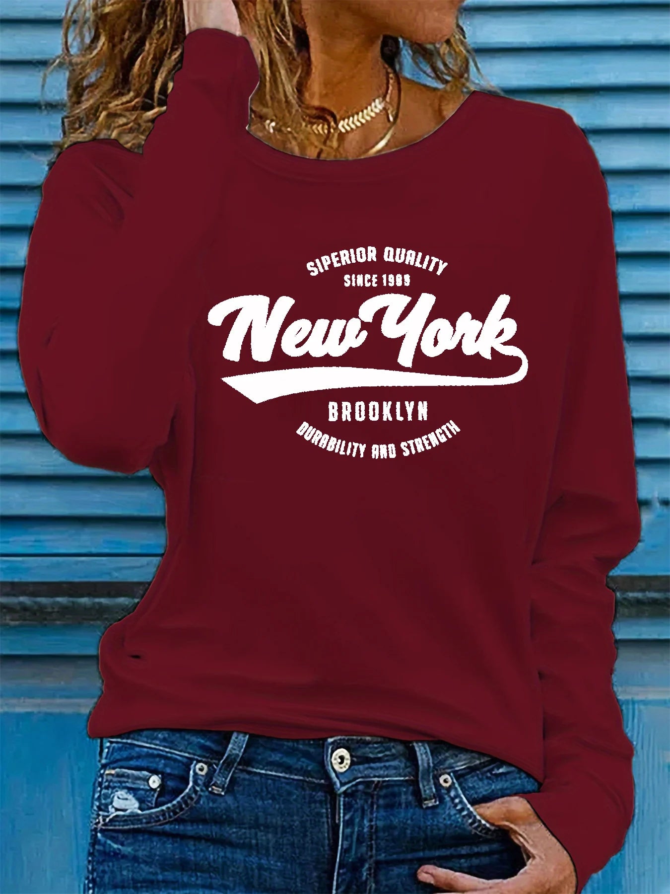 Camiseta 100% de algodón puro para mujer, camiseta holgada y cómoda con estampado de letras de NUEVA YORK, manga larga y cuello redondo, primavera y otoño