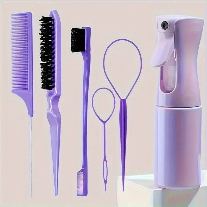 6 unids/set de cepillos para el cabello, botella con pulverizador para peluquería, bucle para trenzado de cabello, peine de cola de rata, cepillo para el cabello con Control de bordes Brsuh