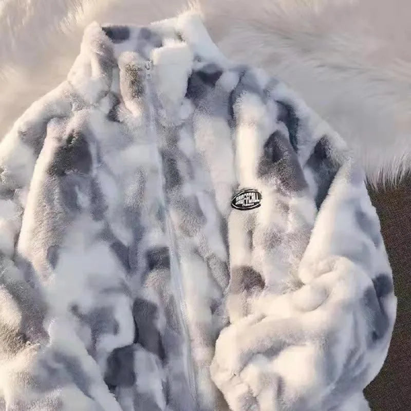 New Women's Tie-Dye Lamb Wool Jacket, Autumn Winter Zip Outerwear, Plush Warm Jackets, Loose Casual Harajuku Thick Coat for Women