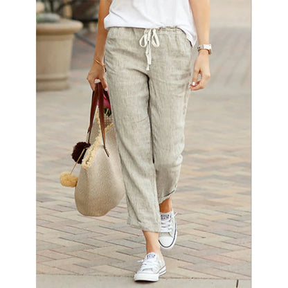 Women's Casual Linen Cotton Trousers, High Waisted Elastic Ankle-Length Solid Color Spring Summer Harem Pants with Pockets