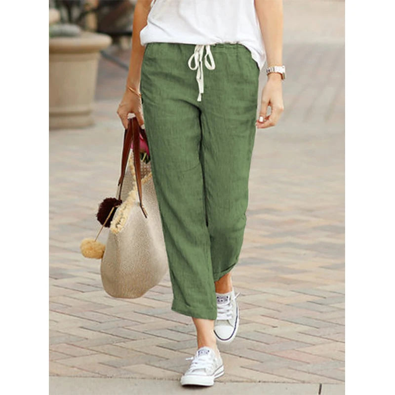 Women's Casual Linen Cotton Trousers, High Waisted Elastic Ankle-Length Solid Color Spring Summer Harem Pants with Pockets