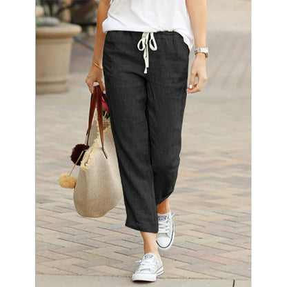 Women's Casual Linen Cotton Trousers, High Waisted Elastic Ankle-Length Solid Color Spring Summer Harem Pants with Pockets