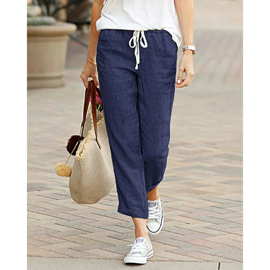 Women's Casual Linen Cotton Trousers, High Waisted Elastic Ankle-Length Solid Color Spring Summer Harem Pants with Pockets