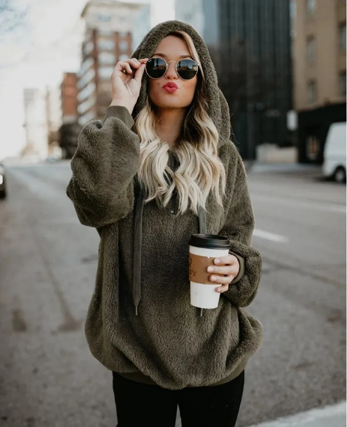 Women's Long Sleeve Hooded Sweatshirt, Monochromatic Coat, Fashion Trend
