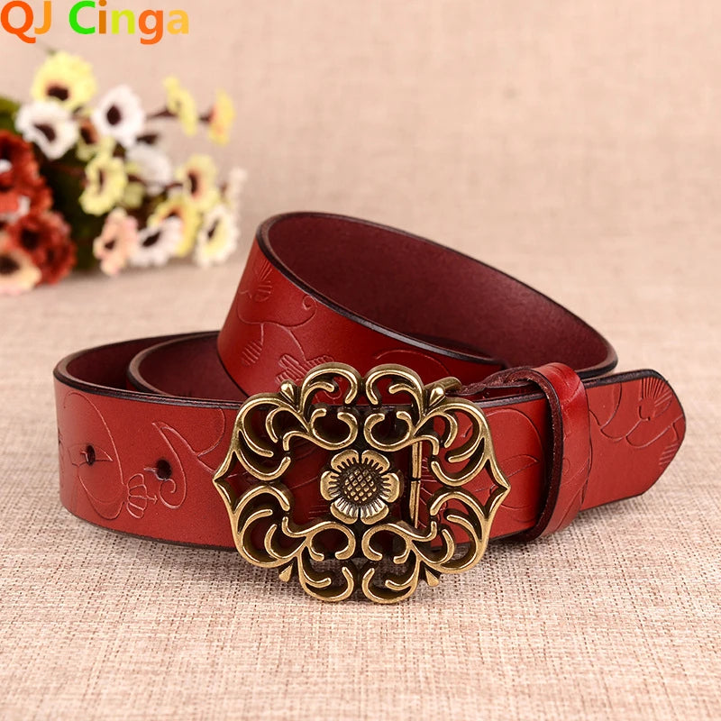 Women's Sunflower Design Pin Buckle Belt, Fashion Business Belts, Brown, White, Black, Red, and Yellow