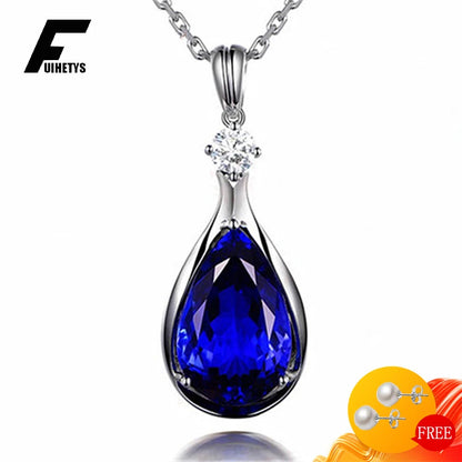 Collar de lujo para mujer, accesorios de joyería de plata 925, forma de gota de agua, colgante de piedras preciosas de circón de zafiro, regalo de fiesta de boda