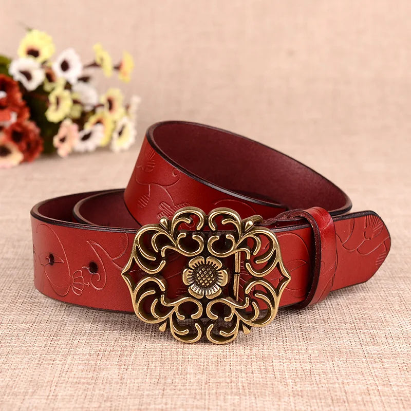 Women's Sunflower Design Pin Buckle Belt, Fashion Business Belts, Brown, White, Black, Red, and Yellow