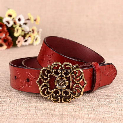 Women's Sunflower Design Pin Buckle Belt, Fashion Business Belts, Brown, White, Black, Red, and Yellow