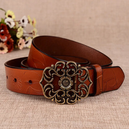 Women's Sunflower Design Pin Buckle Belt, Fashion Business Belts, Brown, White, Black, Red, and Yellow