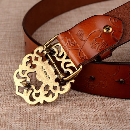 Women's Sunflower Design Pin Buckle Belt, Fashion Business Belts, Brown, White, Black, Red, and Yellow