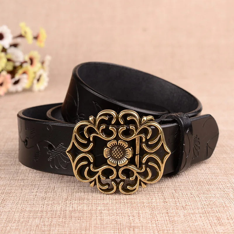 Women's Sunflower Design Pin Buckle Belt, Fashion Business Belts, Brown, White, Black, Red, and Yellow