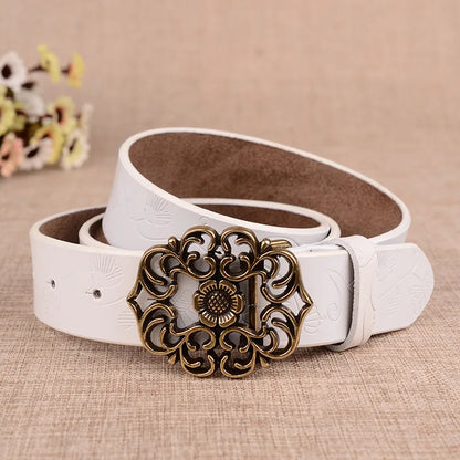 Women's Sunflower Design Pin Buckle Belt, Fashion Business Belts, Brown, White, Black, Red, and Yellow