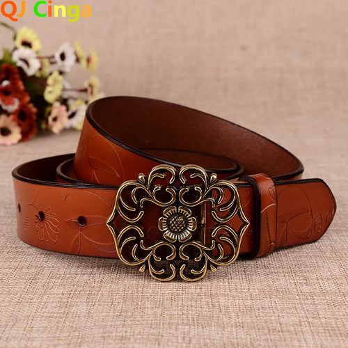 Women's Sunflower Design Pin Buckle Belt, Fashion Business Belts, Brown, White, Black, Red, and Yellow