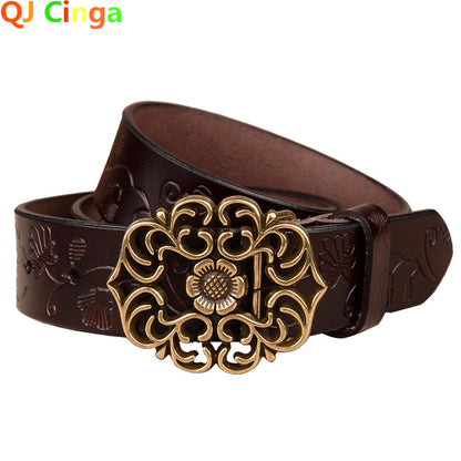 Women's Sunflower Design Pin Buckle Belt, Fashion Business Belts, Brown, White, Black, Red, and Yellow