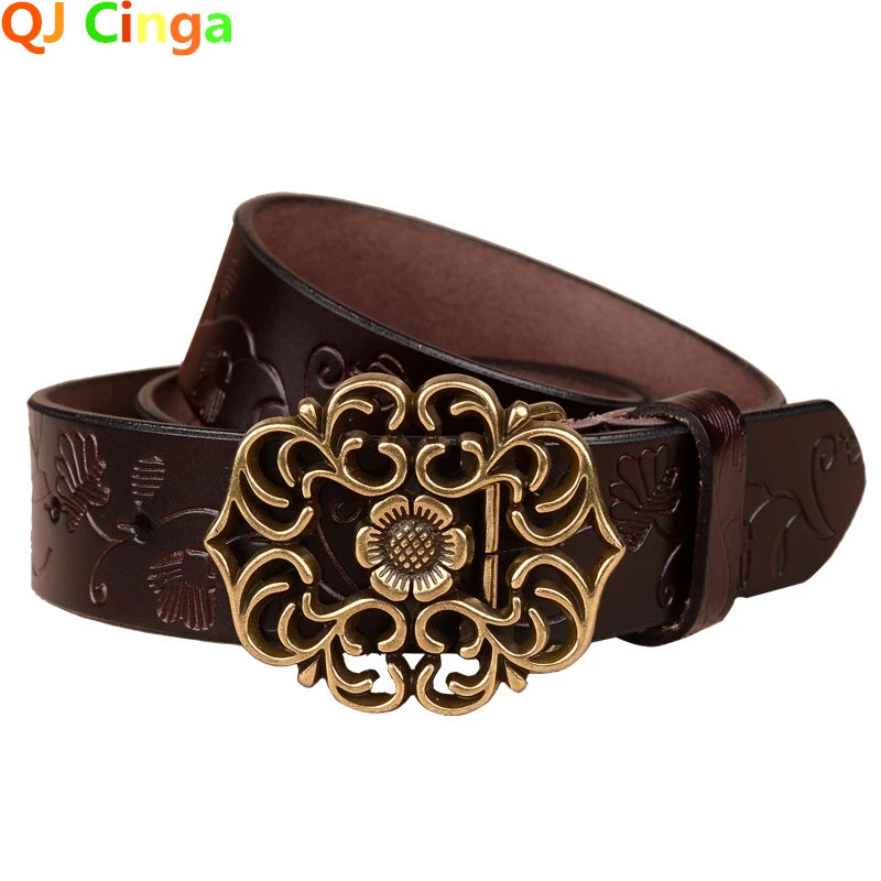 Women's Sunflower Design Pin Buckle Belt, Fashion Business Belts, Brown, White, Black, Red, and Yellow