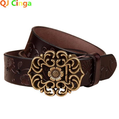 Women's Sunflower Design Pin Buckle Belt, Fashion Business Belts, Brown, White, Black, Red, and Yellow