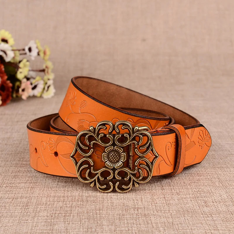 Women's Sunflower Design Pin Buckle Belt, Fashion Business Belts, Brown, White, Black, Red, and Yellow