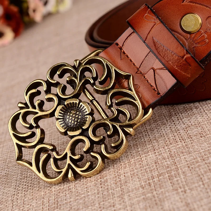 Women's Sunflower Design Pin Buckle Belt, Fashion Business Belts, Brown, White, Black, Red, and Yellow