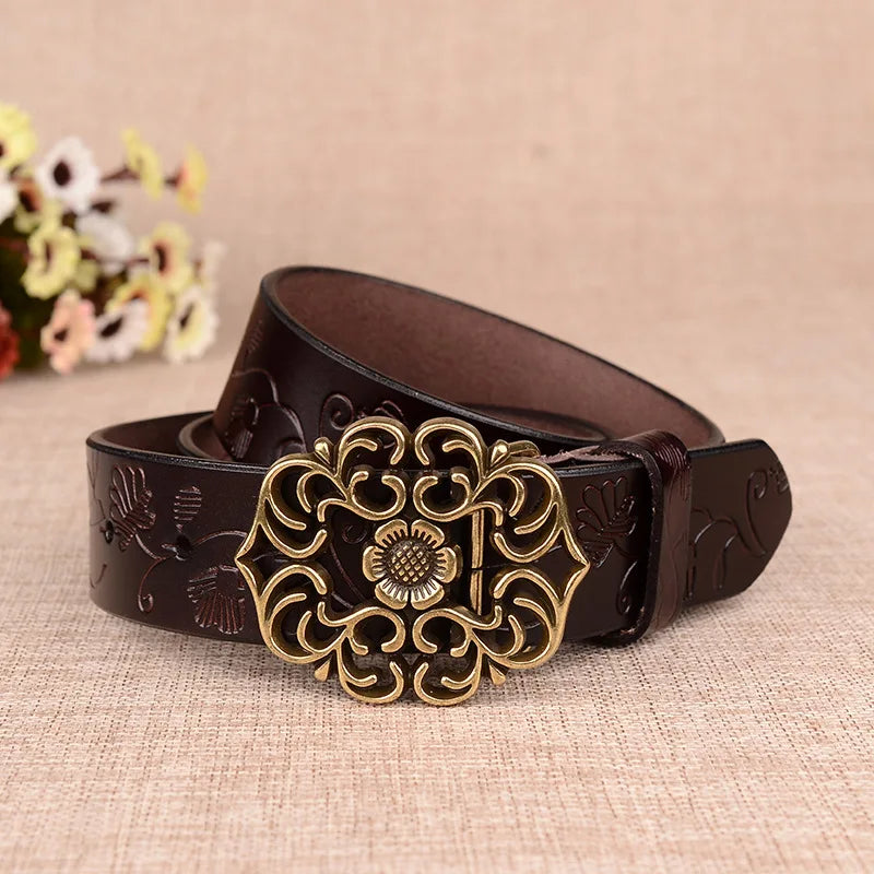 Women's Sunflower Design Pin Buckle Belt, Fashion Business Belts, Brown, White, Black, Red, and Yellow