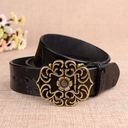 Women's Sunflower Design Pin Buckle Belt, Fashion Business Belts, Brown, White, Black, Red, and Yellow