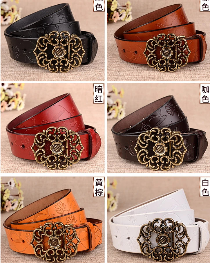 Women's Sunflower Design Pin Buckle Belt, Fashion Business Belts, Brown, White, Black, Red, and Yellow