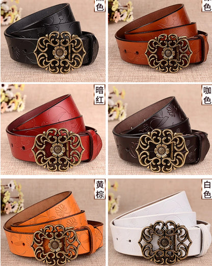 Women's Sunflower Design Pin Buckle Belt, Fashion Business Belts, Brown, White, Black, Red, and Yellow