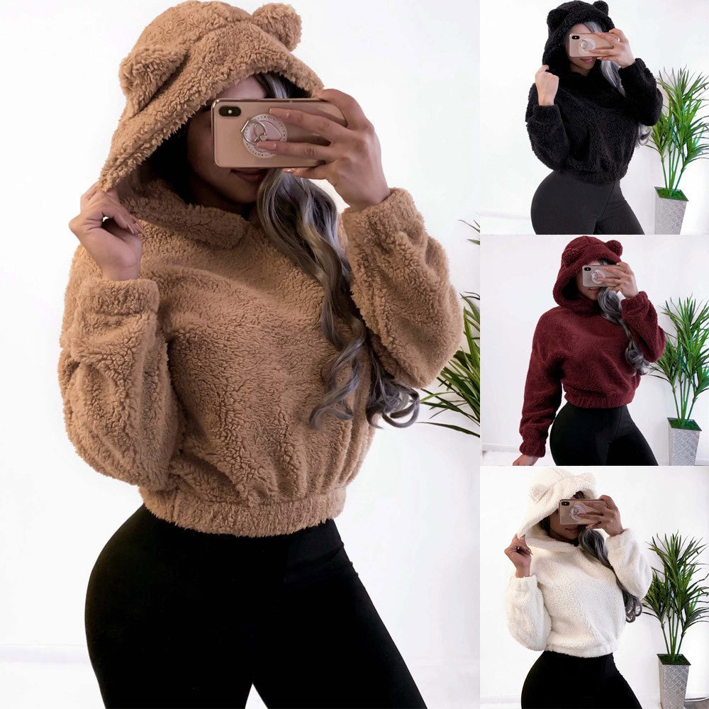 Moda coreana de invierno con orejas de oso, Sudadera con capucha holgada y esponjosa, sudadera cálida, Top de manga larga, jersey liso, ropa para mujer