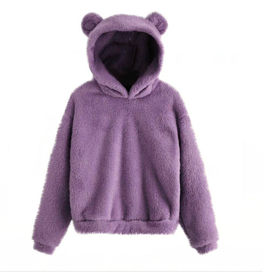 Moda coreana de invierno con orejas de oso, Sudadera con capucha holgada y esponjosa, sudadera cálida, Top de manga larga, jersey liso, ropa para mujer