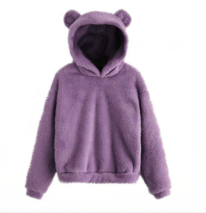 Moda coreana de invierno con orejas de oso, Sudadera con capucha holgada y esponjosa, sudadera cálida, Top de manga larga, jersey liso, ropa para mujer