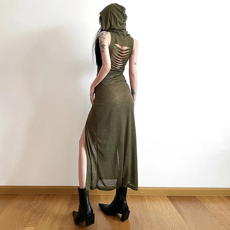Verano Sexy estilo europeo y americano sin mangas vestido con capucha largo dividido ahueca hacia fuera el vestido de las mujeres de Color puro