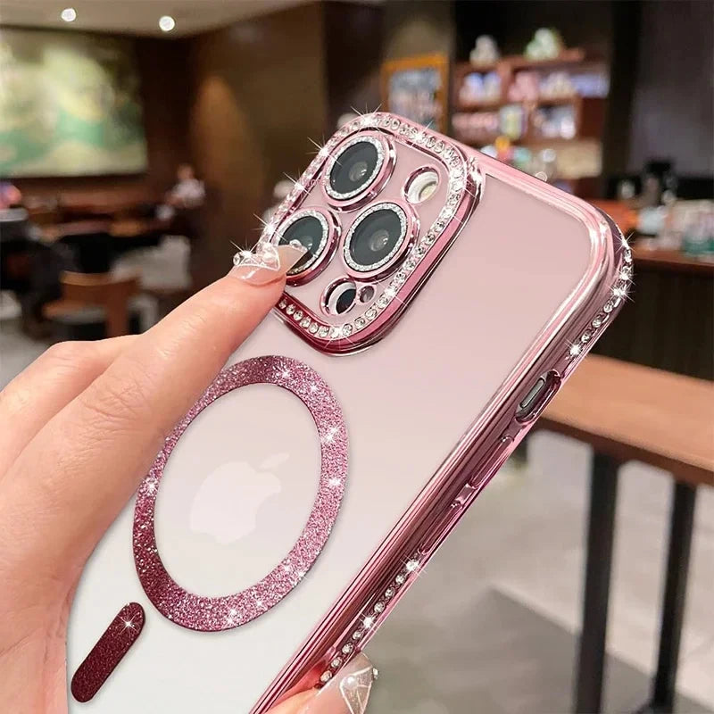Funda de película de lente de cristal ostentoso de lujo para iPhone 15 16 11 12 13 14 Pro Max 16 Plus Magsafe cubierta transparente de carga inalámbrica magnética