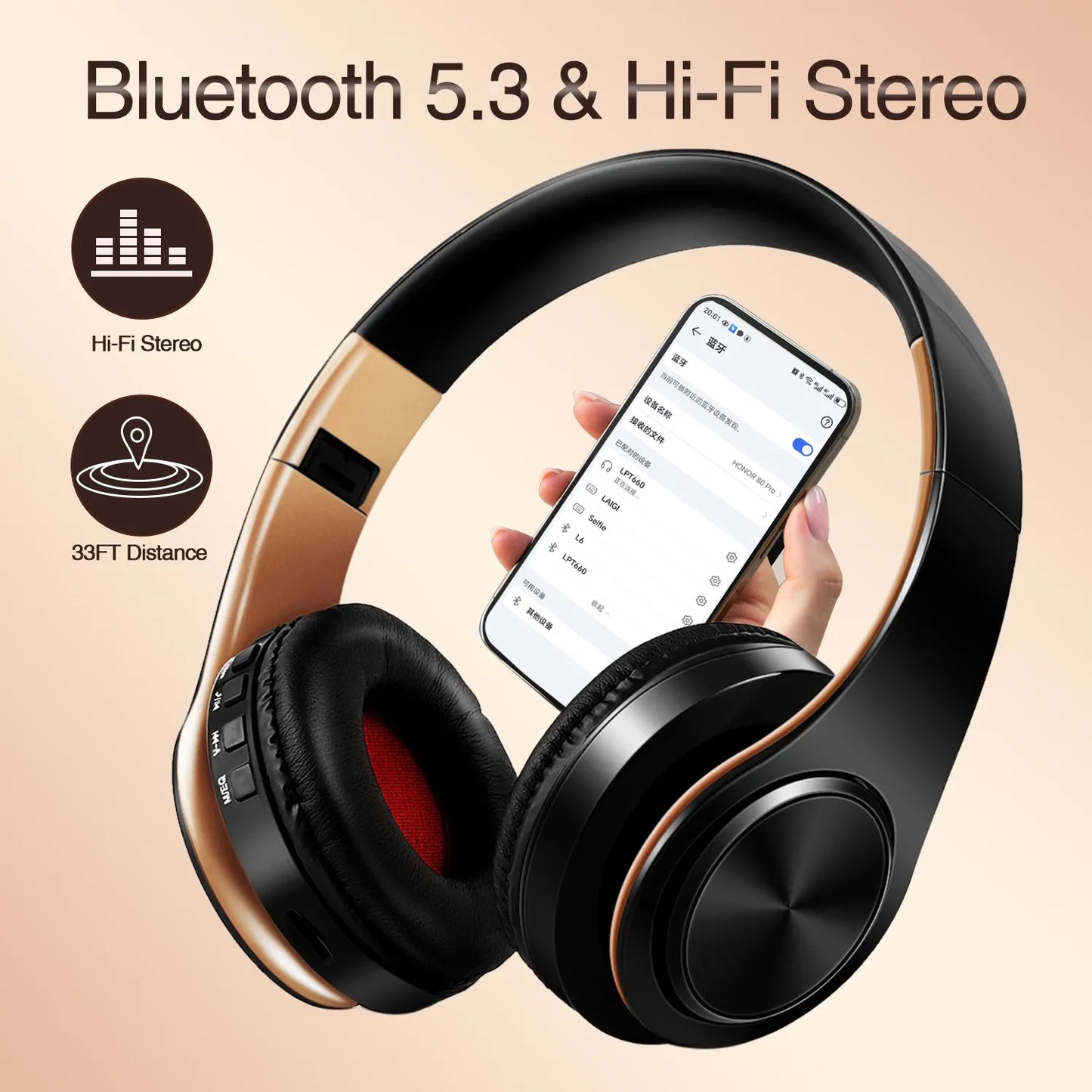 Regalo para Mujer Auriculares inalámbricos dorados Auriculares Bluetooth Auriculares estéreo Juego con micrófono incorporado con universal para Android e iOS