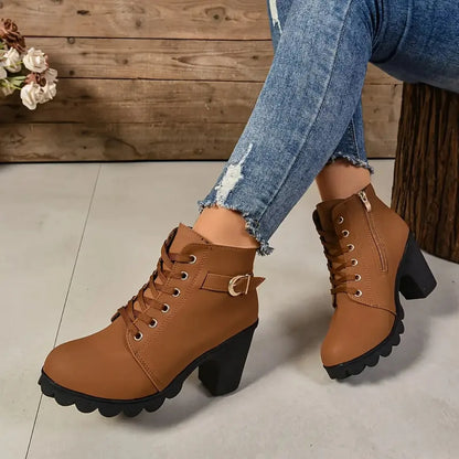 Women's Anti-slip Lace-up Boots, High Heel Shoes, Outdoor Fashion, High Quality, Autumn and Winter