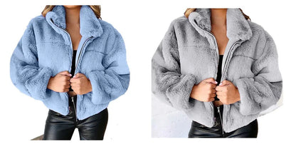 Women's warm winter jacket, zipper cardigan, faux fur, fashion, long sleeve, stand-up collar, plush coat for women