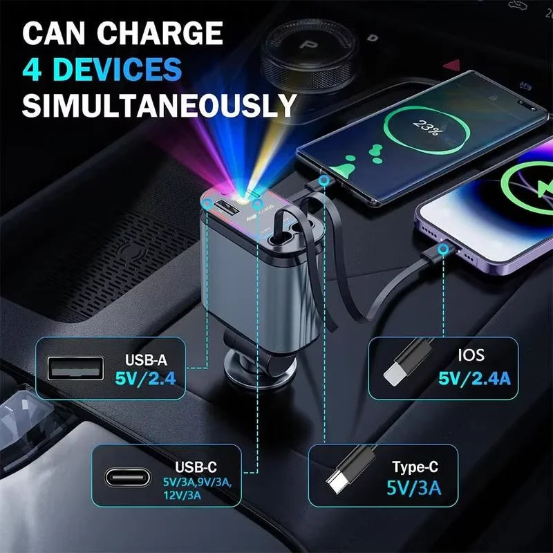 ZRGAE 4-in-1 Car Charger with Starry Sky Projector, Retractable Car Charger with Charging Cable and 2 Universal Charging Ports