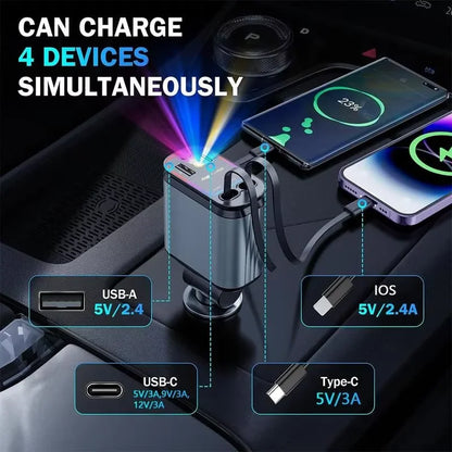 ZRGAE 4-in-1 Car Charger with Starry Sky Projector, Retractable Car Charger with Charging Cable and 2 Universal Charging Ports