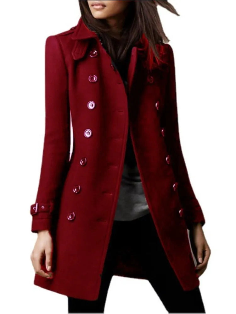 Chaquetas de lana de invierno para mujer, abrigo superior con solapa y doble botonadura, abrigo liso ajustado y elegante para mujer.