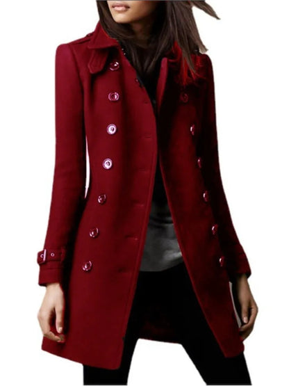 Chaquetas de lana de invierno para mujer, abrigo superior con solapa y doble botonadura, abrigo liso ajustado y elegante para mujer.