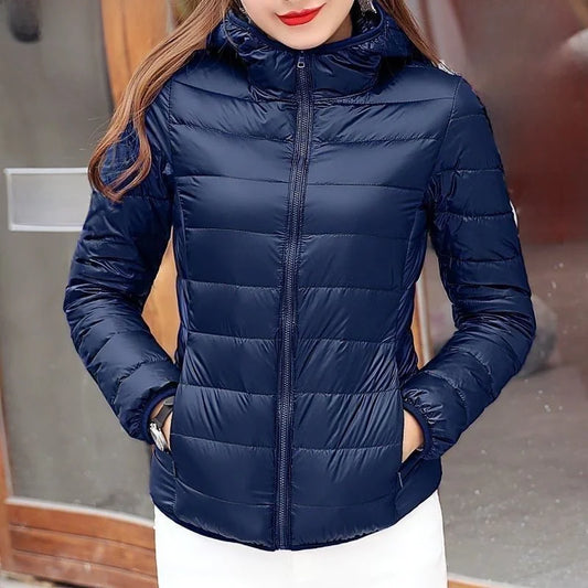 New Women's Hooded Down Jacket, Short, Thick, Warm, Casual, Lightweight, Korean Style, Simple Design