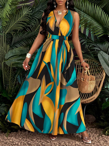 Vestido largo de mujer con estampado tropical, cuello en V, sección de cintura, tejido por cable y corte acampanado