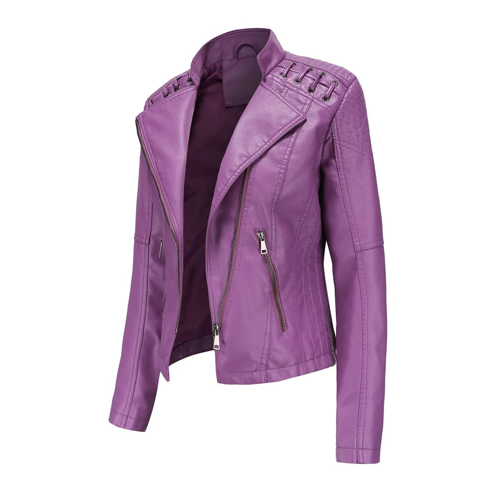 Chaqueta de cuero sintético para mujer, abrigo corto ajustado con cuello levantado y cremallera, ropa de calle para motorista, novedad de primavera y otoño.