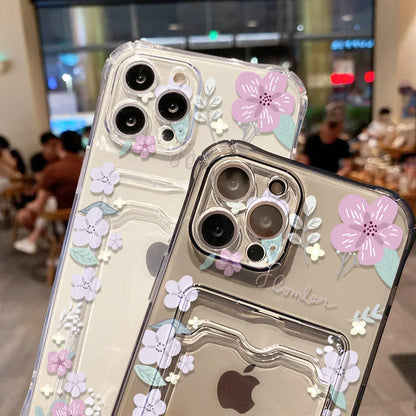 Funda de teléfono con soporte para tarjetas suaves para iPhone 13, 11, 16e, 15, 12, 14, 17, 16 Pro Max, 7 Plus, XR SE, funda transparente con flores estéticas