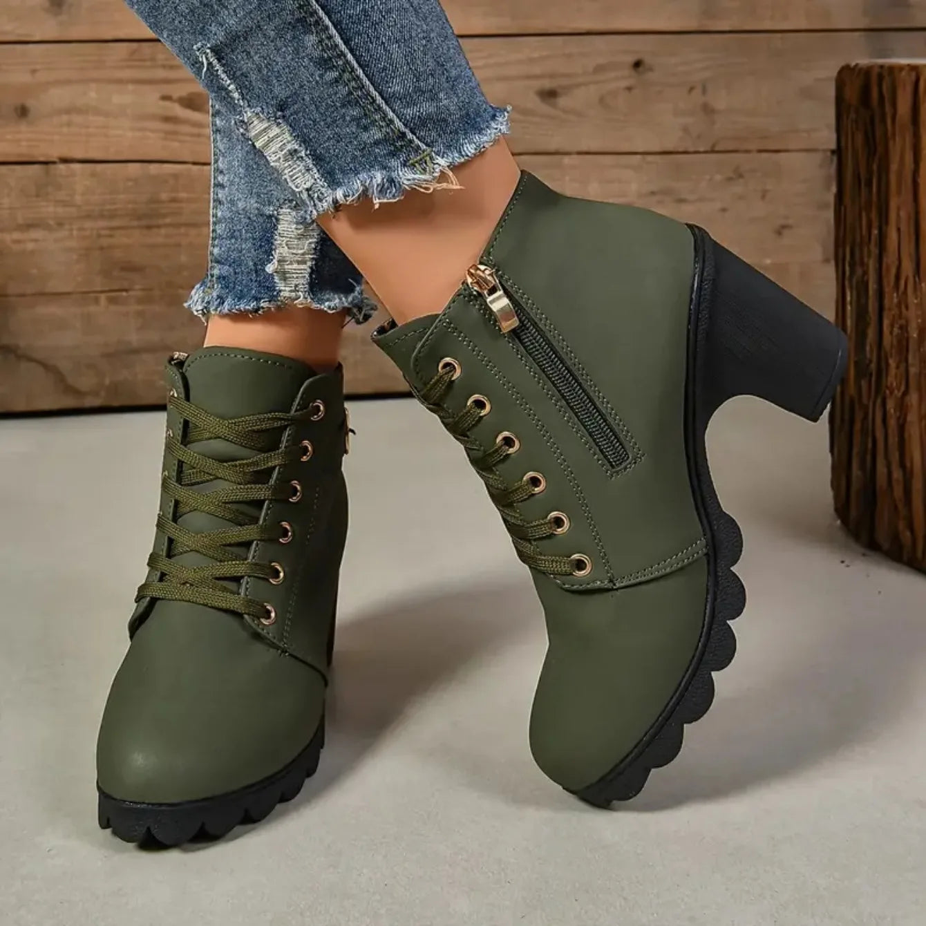 Women's Anti-slip Lace-up Boots, High Heel Shoes, Outdoor Fashion, High Quality, Autumn and Winter